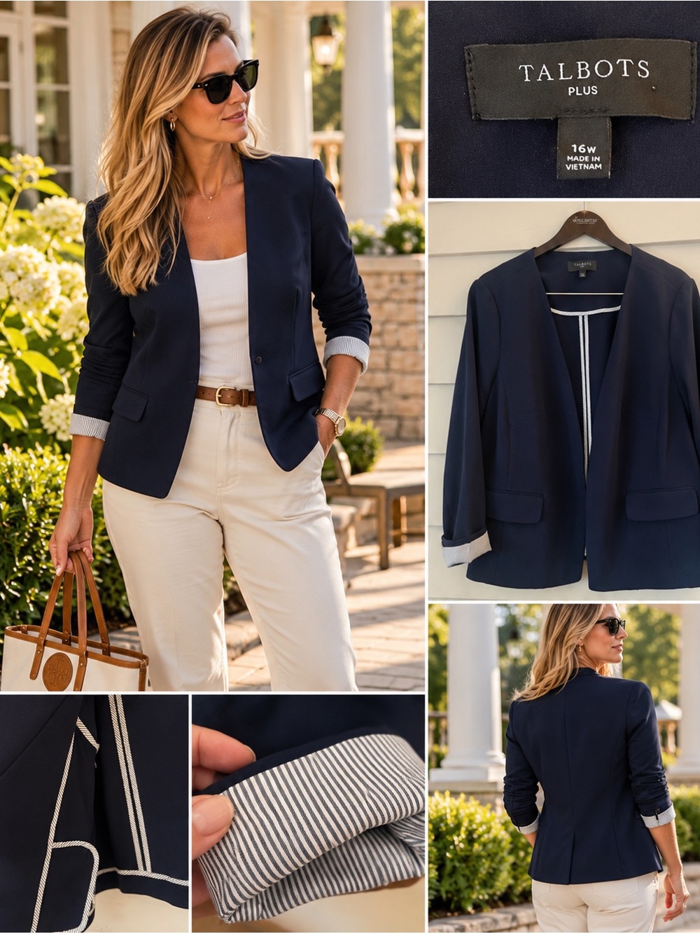 Talbots Plus Navy Blazer | 16W | Striped Cuffs | Preppy Classic